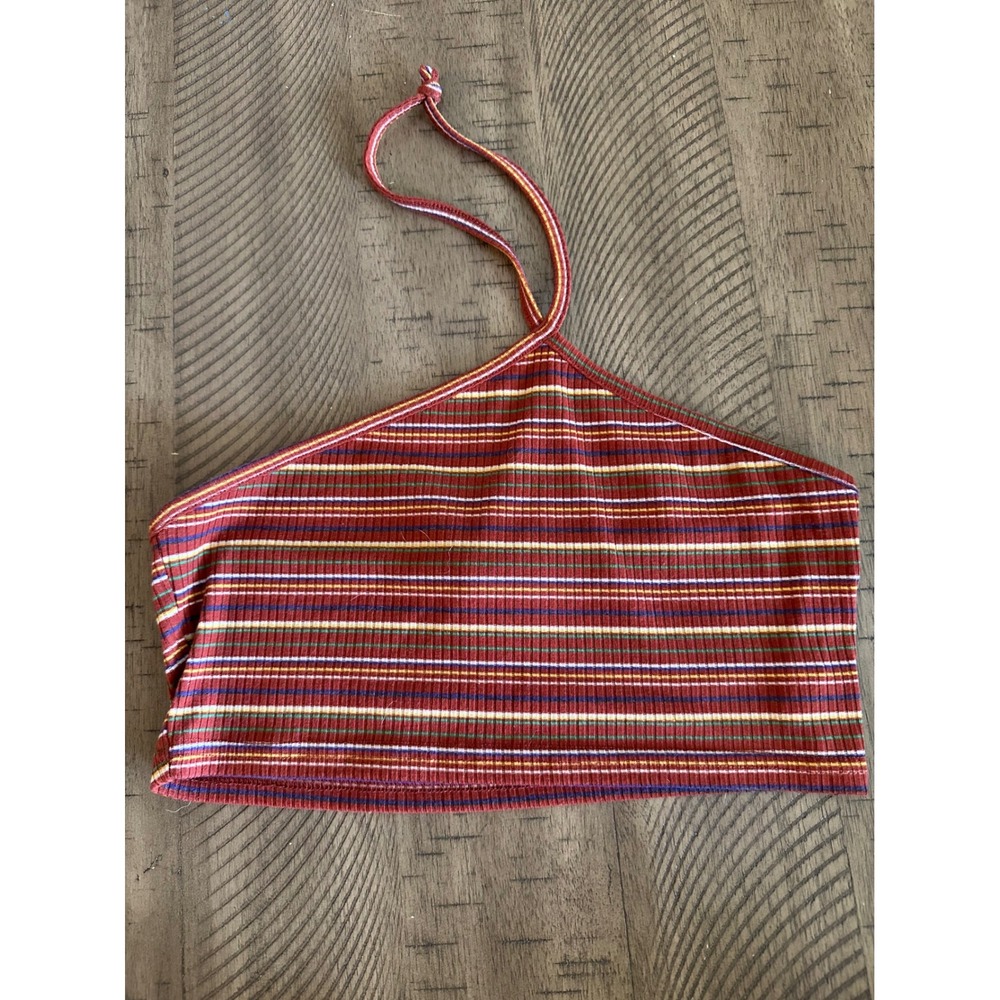 Vintage 70s Style Striped Halter Crop Top - Ribbed Knit
